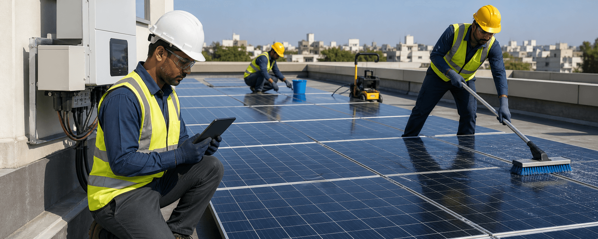 Solar maintenance team inspecting panels and system health