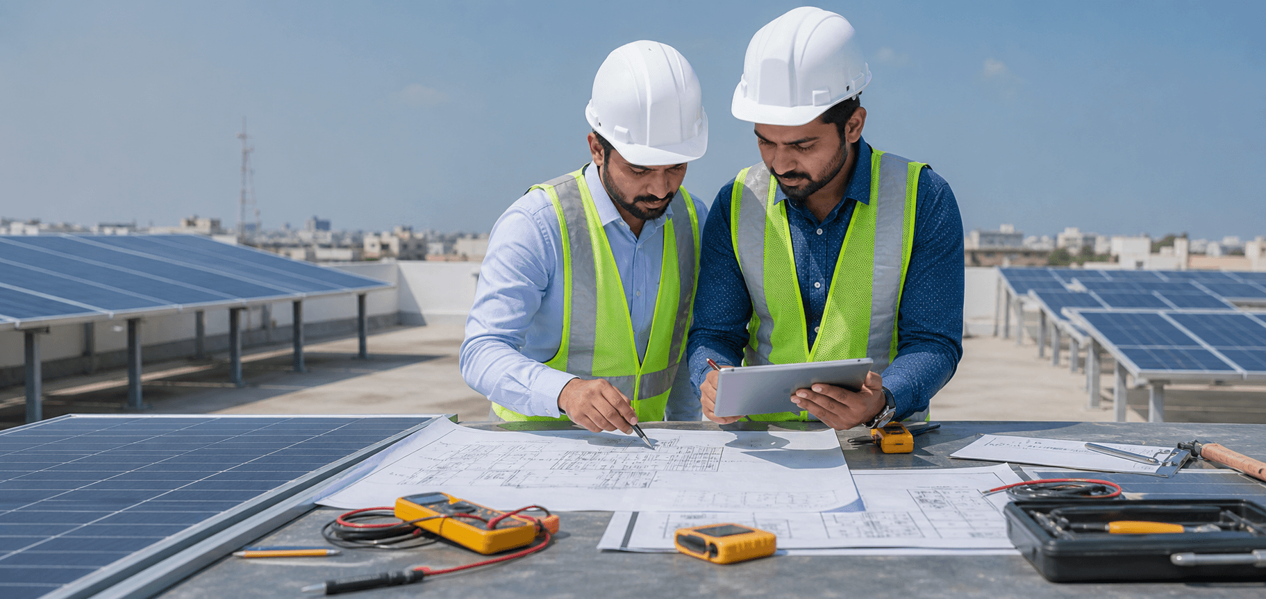Solar engineers reviewing rooftop solar site survey and design