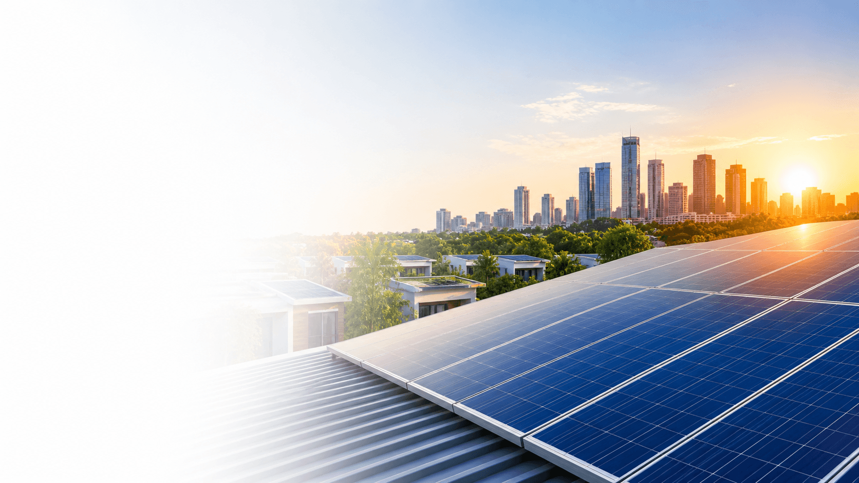 Solar panels on modern rooftops at sunrise
